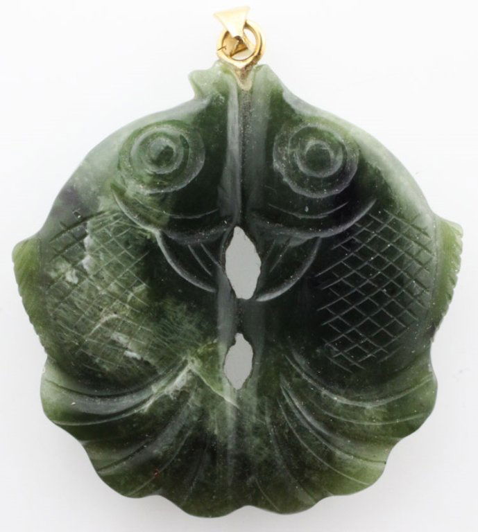 Jade Kissing Fish with Yellow Gold: Est $175 - $300 Hand carved jade pendant. Kissing fish design. Dark green. Semi Translucent. 14Kyg bale. Measures 1.5 "