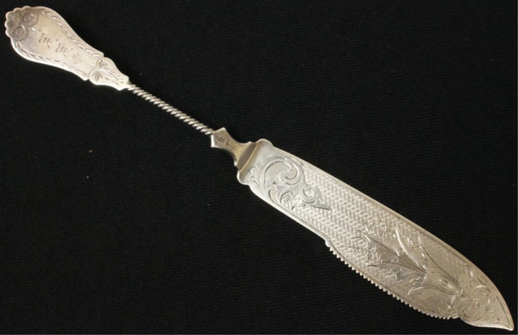 Hall, Hewson, & Brower Coin Silver Cake Knife: Est $ 80 - 120 Hall, Hewson, & Brower Coin Silver Cake Knife • made by Hall, Hewson, & Brower of Albany, NY and was designed circa 1850 • bears the marks: (eagle), HH&B, SD BROWER & SON • 11 5/8