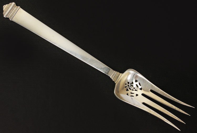 Tiffany Silver Hampton Cold Meat Serving Fork: Est $ 80 - 120 Tiffany Silver Hampton Cold Meat Serving Fork made by Tiffany & Company of New York, NY and was designed in 1934 • bears the marks: TIFFANY & CO STERLING, M, PAT • 9 1/8" in length 