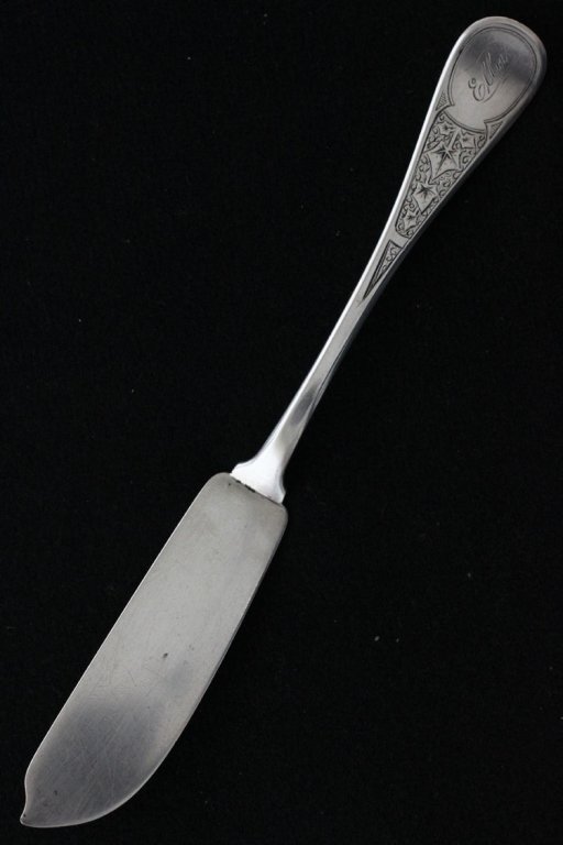 Tiffany Silver Antique Ivy Butter Knife: Est $ 50 - 80 Tiffany Silver Antique Ivy Butter Knife • made by Tiffany & Co. of New York, NY and was designed in 1870 • bears the marks: TIFFANY & CO, STERLING, M • 7 7/8" in length and weighs 