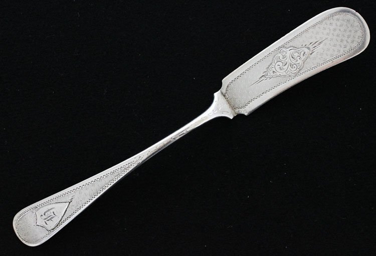 George Sharp Coin Silver Butter Spreader: Est $ 30 - 50 George Sharp Coin Silver Butter Spreader • made by George B. Sharp of Philadelphia, PA circa 1850 • bears the marks: (lion passant-S-shield), (lion passant), BAILEY & CO • 7" in le