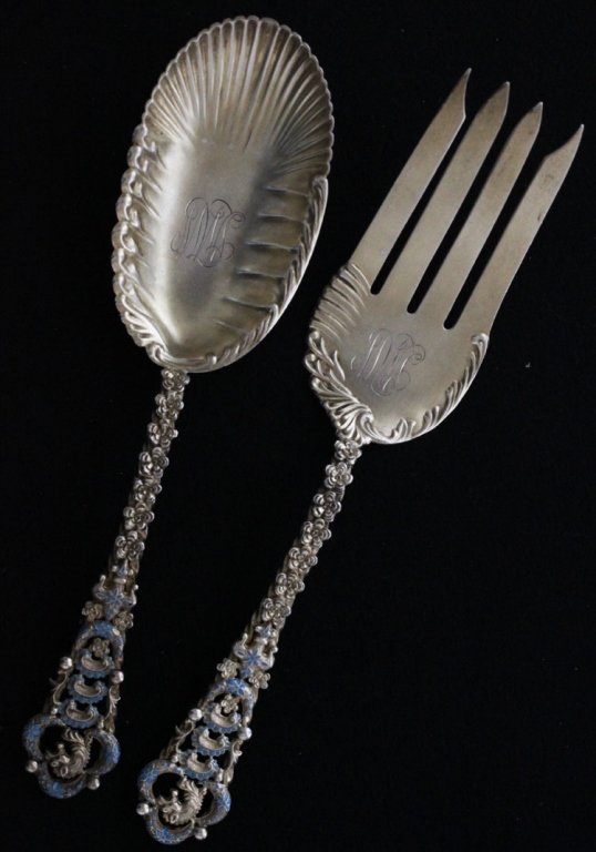 French & Franklin Silver Gilt Enamel Salad Set: Est $ 120 - 180 French & Franklin Silver Gilt Enamel Salad Set • made by French & Franklin of North Attleboro, MA and was designed circa 1900 • bears the marks: F (in circle), STERLING • 8 1/4" 