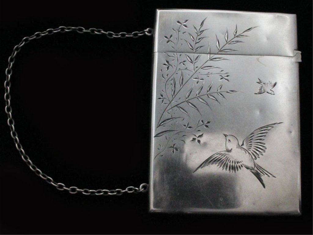 Whiting Silver Card Case: Est $ 50 - 80 Whiting Silver Card Case • made by Whiting Manufacturing Co. of New York, NY circa 1880 • bears the marks: (W with griffin), STERLING, 6 • 3 1/2" in height and weighs 1.51 troy oun
