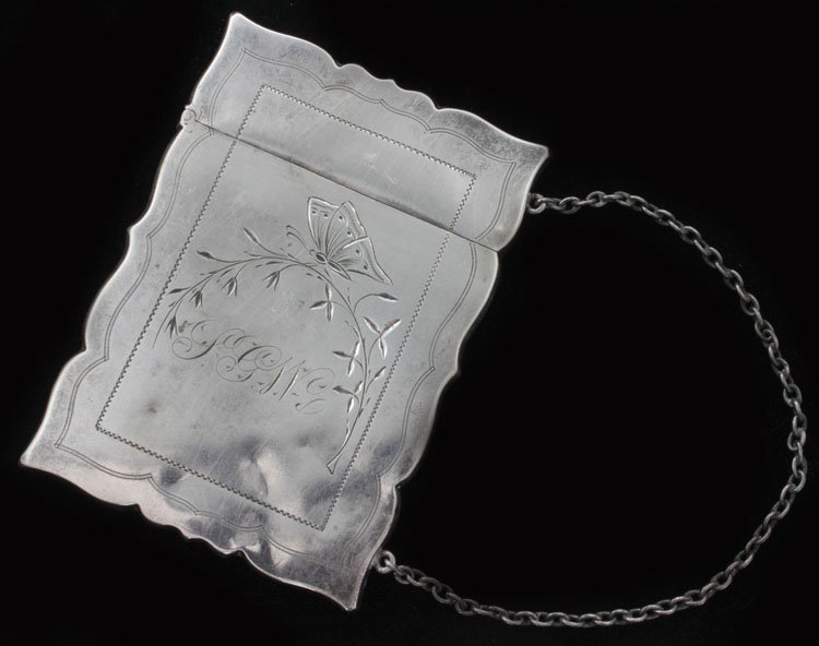 Whiting Silver Card Case: Est $ 50 - 80 Whiting Silver Card Case • made by Whiting Manufacturing Co. of New York, NY and was designed circa 1880 • bears the marks: (W with griffion), STERLING, 7 • 3 1/2" in height and we