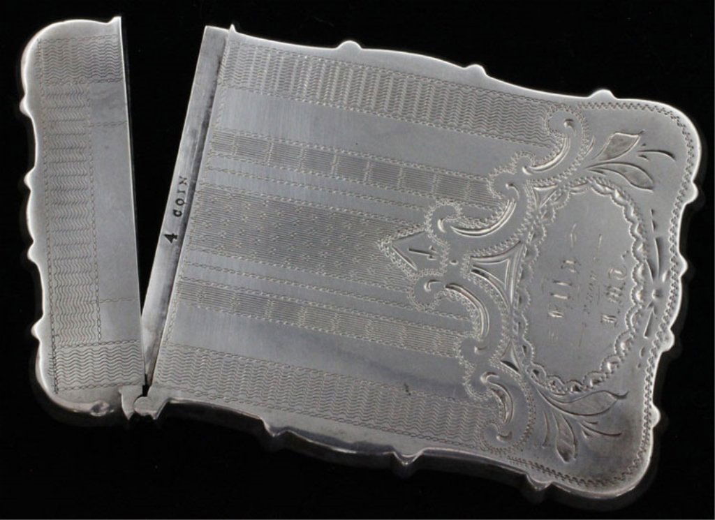 American Coin Silver Card Case: Est $ 30 - 50 American Coin Silver Card Case • made circa 1860 • bears the marks: COIN, 4 • 3 1/2" in length and weighs 1.04 gross ounces • inscribed to the reverse ELLA, FROM, JMT
