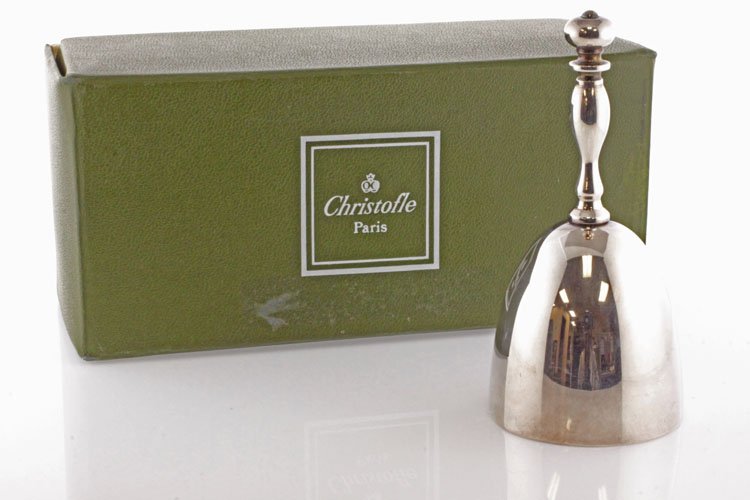 Christofle Silver Plated Dinner Bell: Est $ 10 - 15 Christofle Silver Plated Dinner Bell • made by Christofle of Paris, France circa 1990 • bears the marks: OC (with balance), 10C, CHRISTOFLE, FRANCE • 3 5/8" in height and weighs 2.