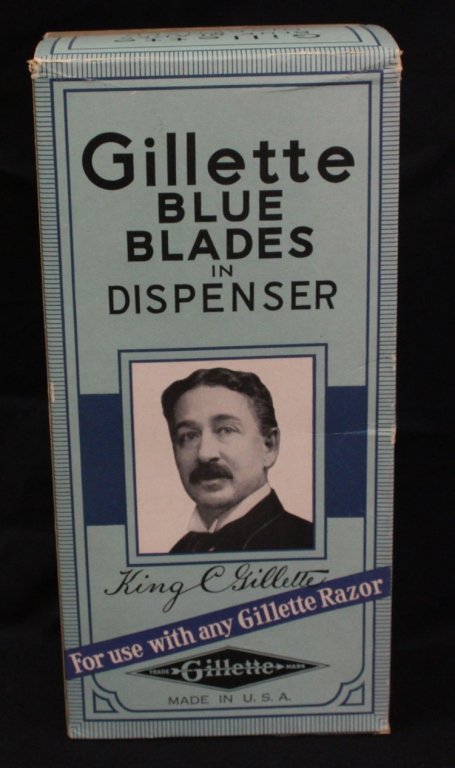 Gillette Blue Blades in Dispenser BOX ONLY: Est $20 - 40 Gillette Blue Blades in Dispenser BOX ONLY Empty box for Gillette blue blades. Large crease on one side of box. General wear on coners and edges of box.