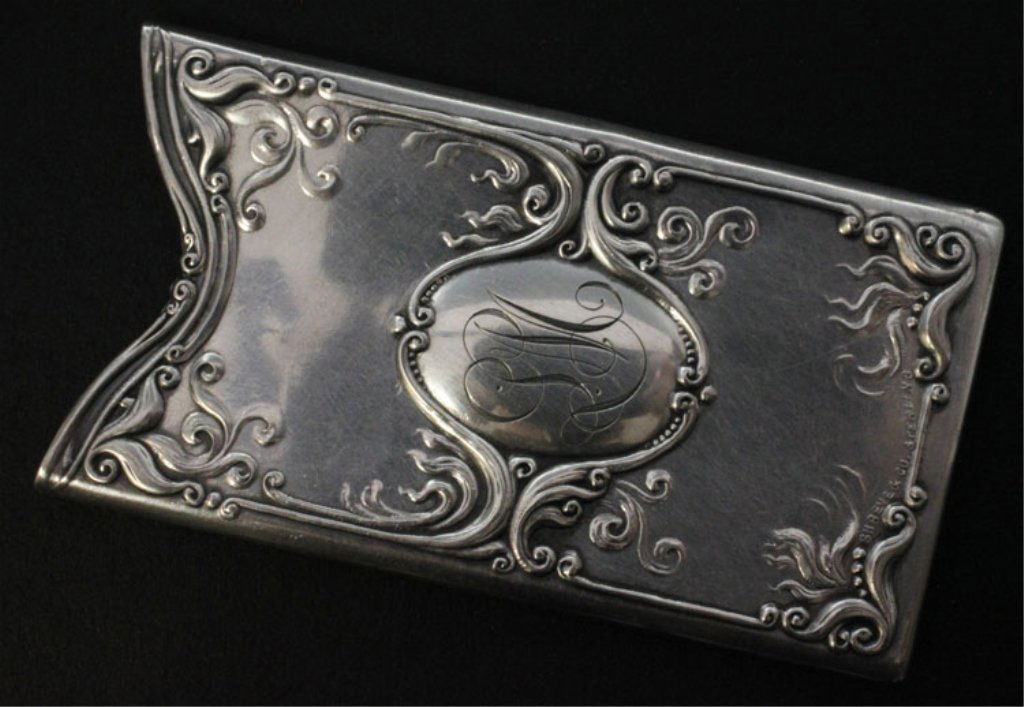 Shreve & Co Silver Card Holder: Est $ 30 - 50 Shreve & Co Silver Card Holder • made by Shreve & Co of San Francisco, CA circa 1880 • bears the marks: SHREVE & CO, STERLING • 3 1/8" in height and weighs 0.925 troy ounces • mo