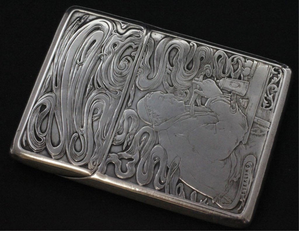 American Silver & Gilt Cigarette Case: Est $ 50 - 80 American Silver & Gilt Cigarette Case • made circa 1900 • bears the mark: STERLING • 3 3/8" in length and weighs 1.61 troy ounces • the envelope style case inscribed to the back