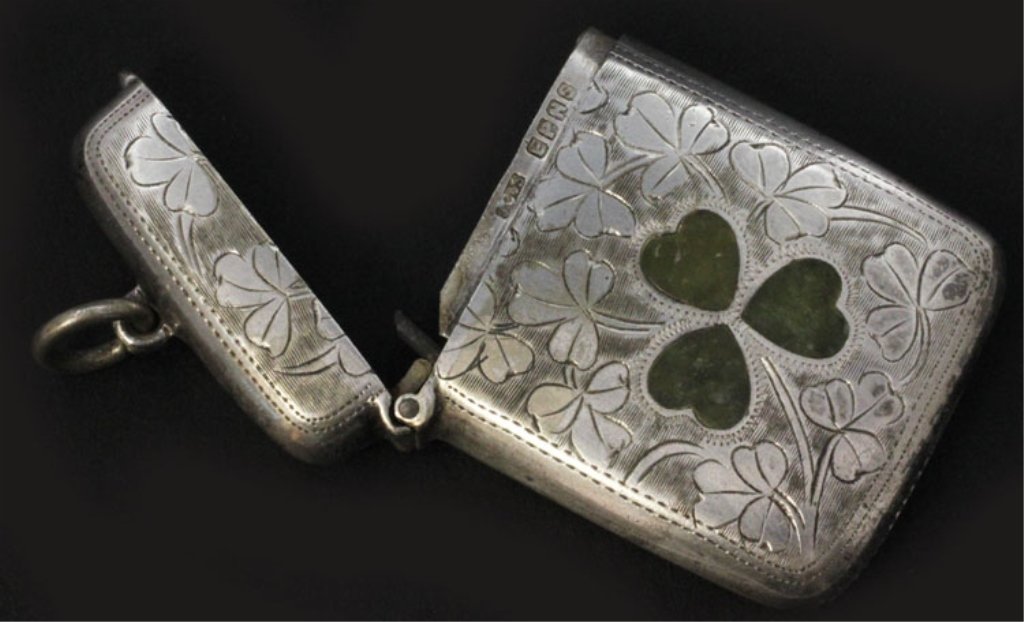 Edwardian Silver Plate & Enamel Vesta Case: Est $ 10 - 15 Edwardian Silver Plate & Enamel Vesta Case • made by Joseph Cook & Son of Birmingham, England in 1899-1900 • bears the marks: J C & S, EPNS • 2" in height and weighs 1.21 gross oun