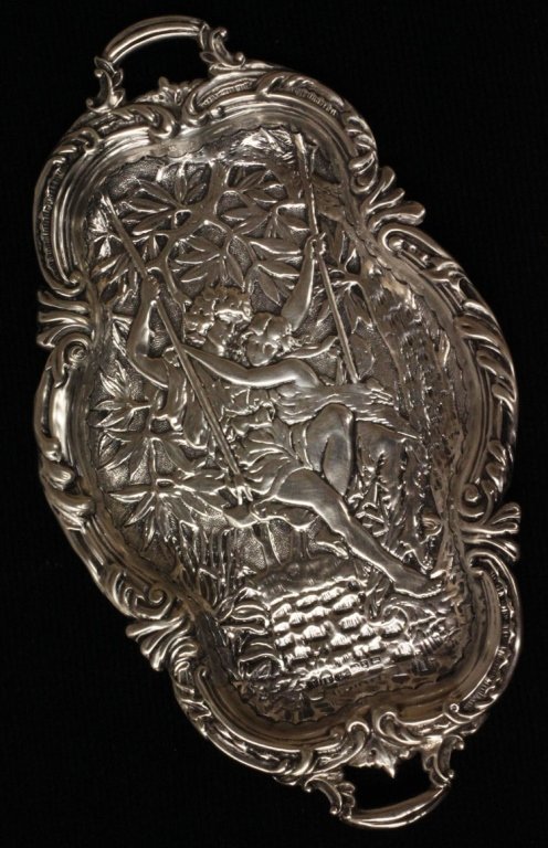 L. Spiers Victorian Silver Card Tray: Est $ 60 - 90 L. Spiers Victorian Silver Card Tray • made by L. Spiers of Birmingham, England in 1891-1892 • bears the marks: (lion passant), (anchor), LS, r, RD 1163 • 6 7/8" in length and weig