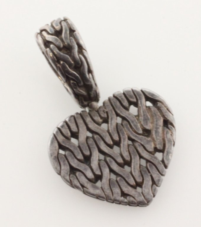 Small John Hardy Sterling Heart Pendant: Est. $100 - 150 Small John Hardy Sterling Heart Pendant Sterling pendant is approx. 1.96 grams. Petite woven link design in heart shape 3/4 X 1/2 inch. Marked with John Hardy "JH" logo and .925.