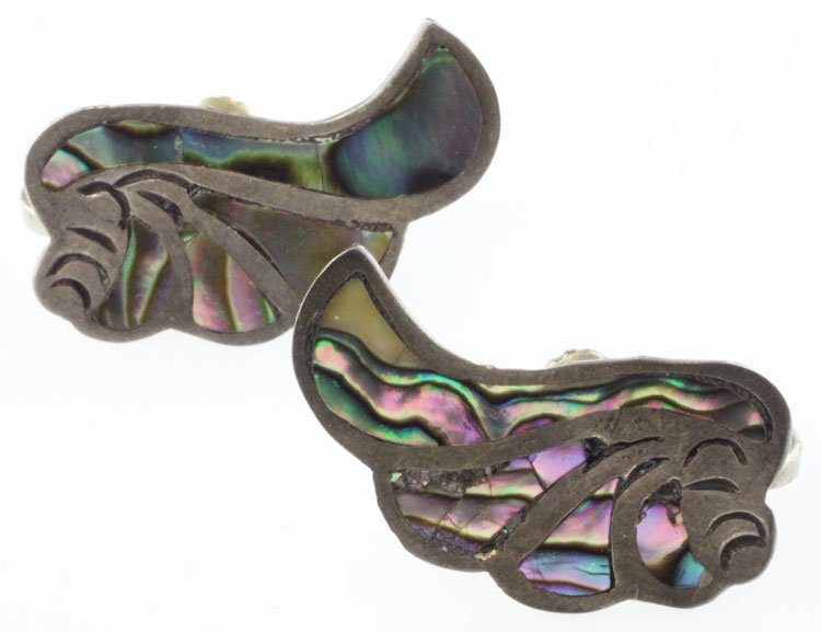 Sterling Earrings with Abalone: Est. $40 - 90 Sterling Earrings with Abalone. Weight approx. 4.88 grams. Marks LCC, 925, Hecho y Mexico. 1 1/8 inches long.