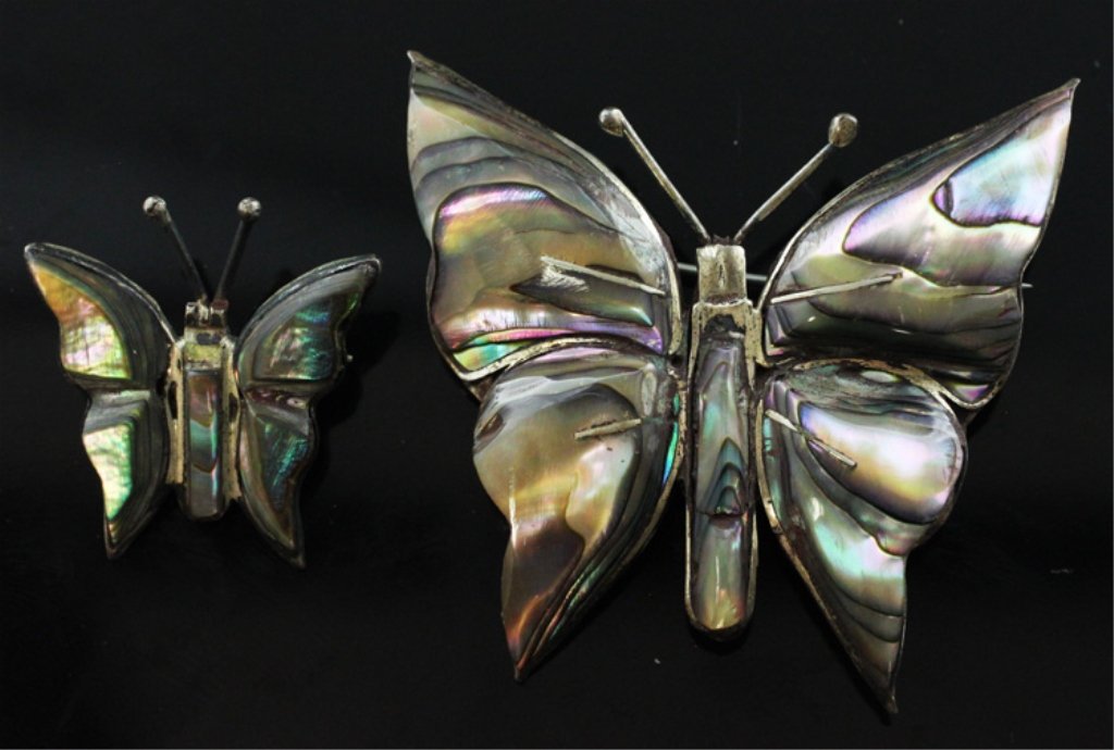 Sterling & Abalone Butterfly Pair Pin Brooch: Est. $5 - 25 Sterling & Abalone Butterfly Pair Pin Brooch. Large butterfly approx. 1 3/4 X 1 3/4 inches. Small butterfly is approx. 1 X 1.