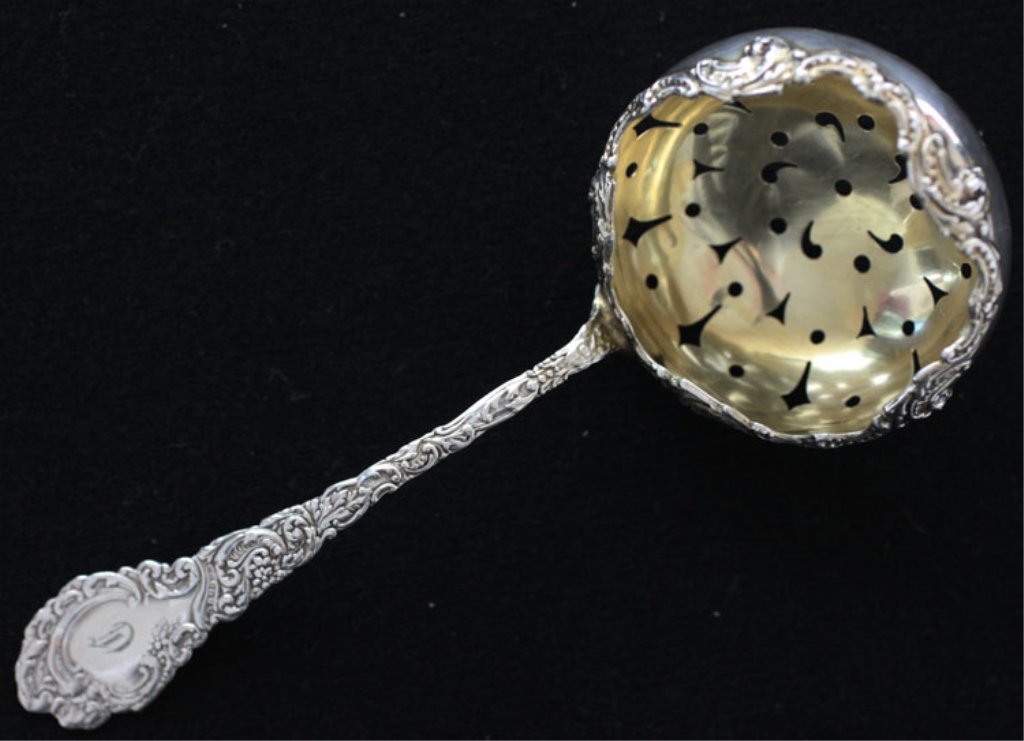 Wallace Silver and Gilt Lucerne Tea Stainer: Est $ 40-60 Wallace Silver and Gilt Lucerne Tea Stainer made by R. Wallace & Sons Mfg. Co. of Wallingford, CT and was designed in 1893 bears the marks: RW&S, STERLING 5 3/8" in length and weighs 1.015