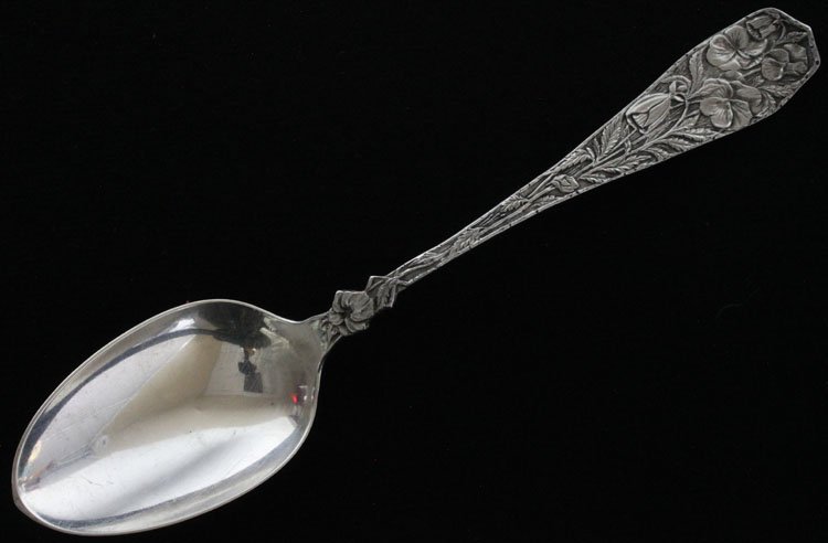 Durgin Silver Bouquet Pattern Serving Spoon: Est $ 50-80 Durgin Silver Bouquet Pattern Serving Spoon made by Wm. B. Durgin Co. of Concord, NH and was designed in 1875 bears the marks: (dove with laurel wreath with D), STERLING, PALMER, BACHELDER
