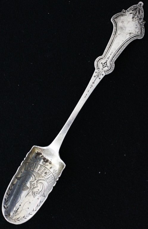 Hall, Hewson, & Brower Coin Silver Cheese Scoop: Est $ 30-50 Hall, Hewson, & Brower Coin Silver Cheese Scoop made by Hall, Hawson & Brower of Albany, New York circa 1860 bears the marks: (eagle), HH&B 8" in length and weighs 1.095 troy ounces the ch