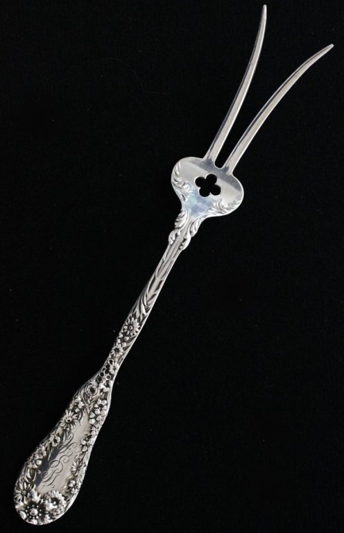 Dominick & Haff Silver Serving Fork: Est $ 50-80 Dominick & Haff Silver Serving Fork made by Dominick & Haff of New York, NY and was designed in 1896 bears the marks: (rectangle-circle-diamond), STERLING, PAT-D 96, MAUSER MFG. CO. 7 5/8"