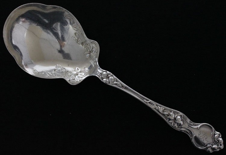 Wallace Silver Eton Serving Spoon: Est $ 60-90 Wallace Silver Eton Serving Spoon made by R. Wallace & Sons Mfg. Co. of Wallingford, CT and was designed in 1903 bears the marks: (stag) RW&S, STERLING 8 7/8" in length and weighs 2.25 tro