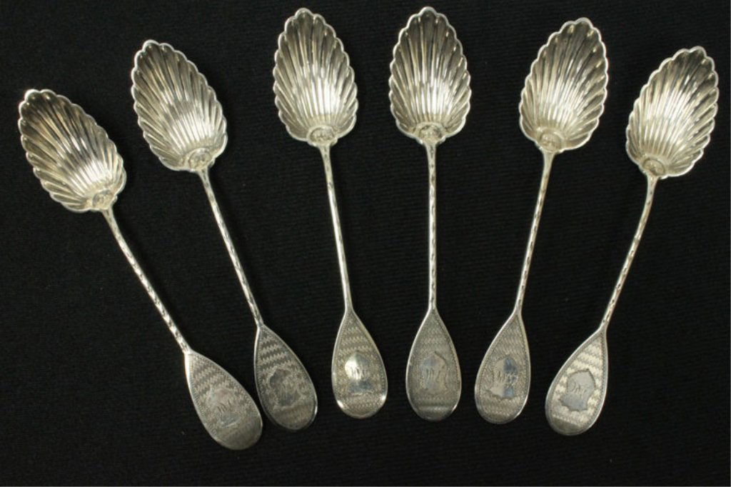 6 George Sharp Coin Silver Ice Cream/Sherbert Spoons: Est $ 80-120 6 George Sharp Coin Silver Ice Cream/Sherbert Spoons made by George B. Sharp of Philadelphia, PA and was designed circa 1860 bears the marks: (lion passant), s, (shield), (lion passant),