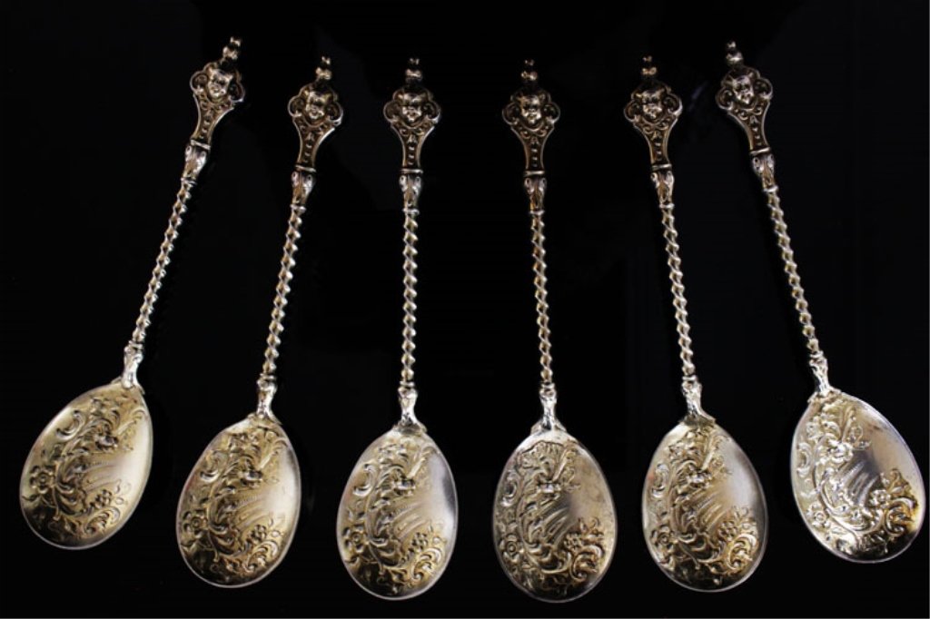 6 German Silver Gilt Cherub Face Spoons: Est $ 60-90 6 German Silver Gilt Cherub Face Spoons made circa 1900 bears the marks: (crescent-crown), JF (conjoined), 800 5 1/4" in length and weighs 2.52 troy ounces