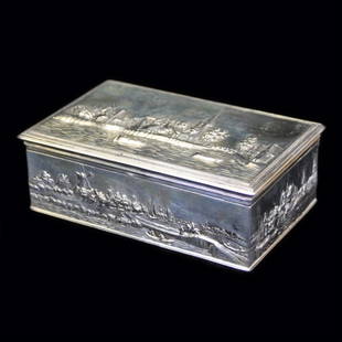 Dutch Scenic Cigar/Jewelry Box: Est. $ 225 -350 Dutch Scenic Cigar/Jewelry Box Marked Holland, VS, has the lion, and a few other hallmarks. Dutch Scenic design. 5 3/4" x 2" tall. Weighs 11.22 troy oz.