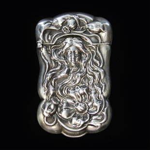 American Sterling Repousse Match Safe: Est. $ 45 - 60 American Sterling Repousse Match Safe Female face with flowing hair and floral repousse design. Measures 2.75" tall by 1.5" wide. Weighs .735 ozt. Marked Sterling.