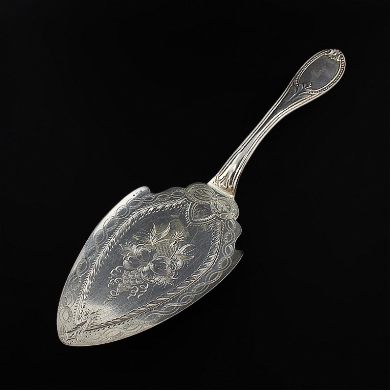 E. P. Pratt Silver Pie Server: Est. $ 80 - 110 E. P. Pratt Silver Pie Server Decorated with a hand etched bright cut geometric design, on the handle inside a beaded boarder is engraved Mary on the front and Gregg on the back. Marke