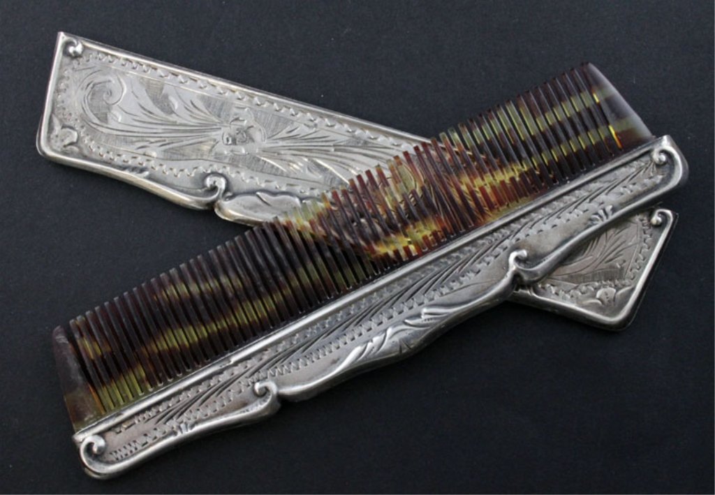 Art Nouveau Silver Comb: Est. $ 40-60 Art Nouveau Silver Comb Art Nouveau etched Silver comb case and tortoise shell comb from Germany circa 1910-1930. It is etched on both sides and there are no missing teeth on the comb.