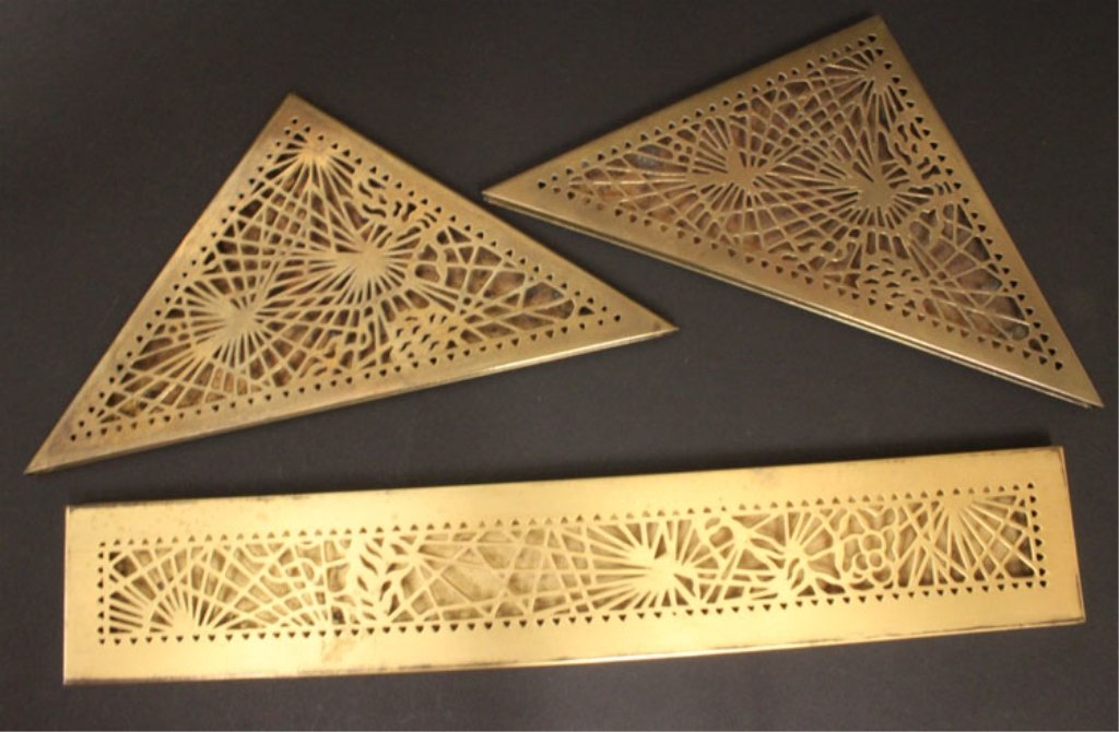 Tiffany Studios Blotter Pine Needle Set: Est. $ 150-225 Tiffany Studios Blotter Pine Needle Set Tiffany Studios Set 2 Blotter corners and 1 Blotter end, Pine Needle Pattern, Gold Patina, each signed Tiffany Studios New York , the long rectan