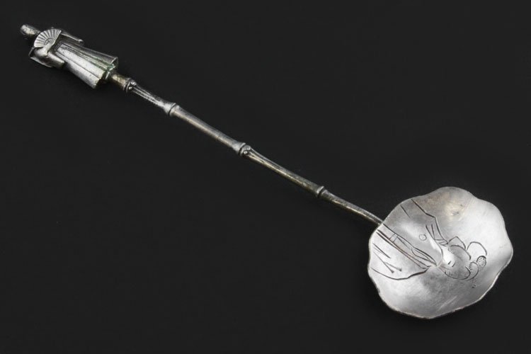 Chinese Export Mini Spoon: Est. $ 30 - 50 Chinese Export Mini Spoon handle simulated bamboo that terminates into a robbed women, the bowl is engraved. No marked observed possibly sterling. 3 3/4" long and weighs .26 ozt