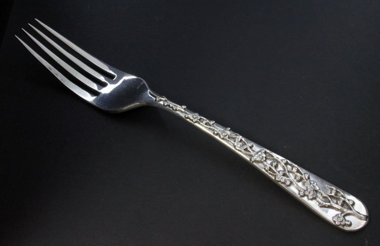 Wang Hing & Co Fork: Est. $ 50 - 80 Wang Hing & Co Fork Repousse Prunis décor, reversed side with 3 impressed marks, engraved "Humbug" 1897 from the late Qing dynasty. 7" long and weighs 1.87 ozt