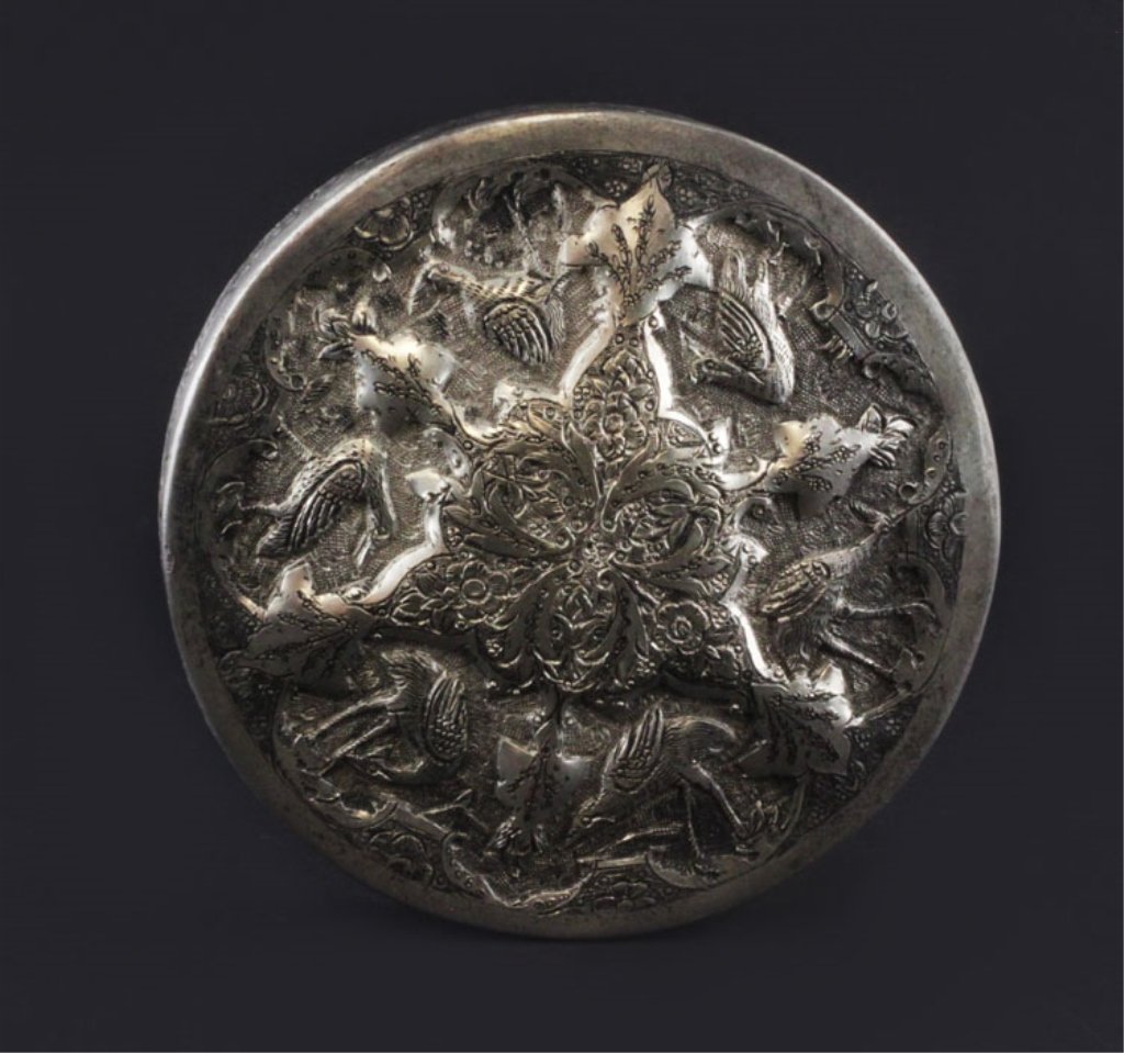 Persian Silver Box: Est. $ 60-90 Persian Round covered box, Repousse floral and bird decoration box stamp mark unknown possibly middle eastern. 2 1/4" diameter x 1/2" high and weighs 1.86 ozt