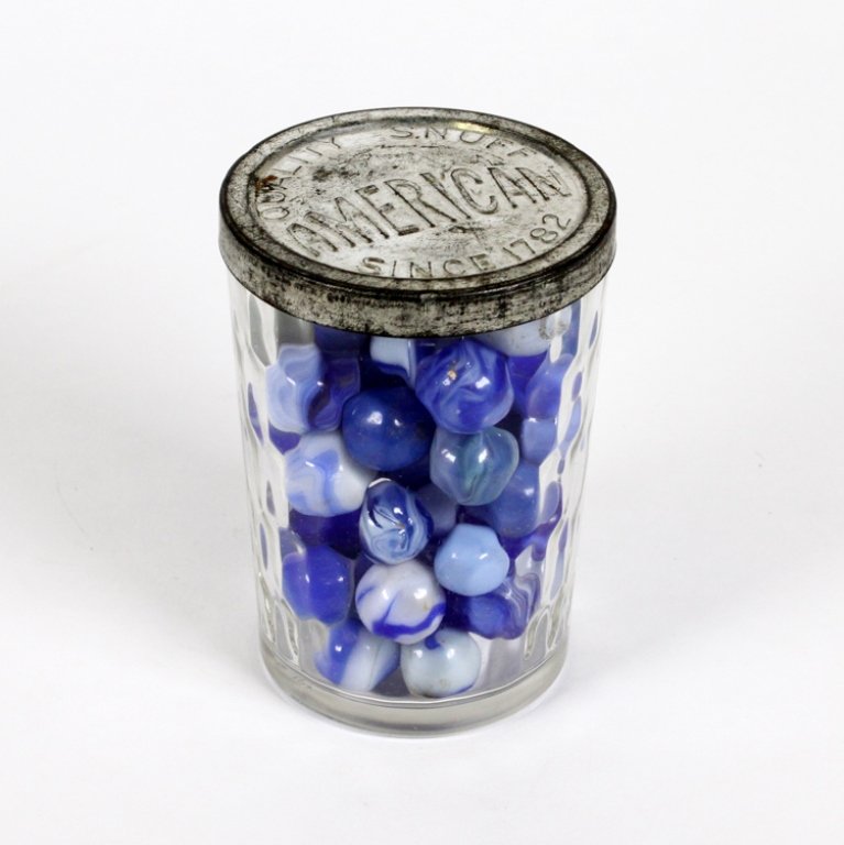 Vintage Lot of 58 Marbles: Est $ 10 - 12 Vintage Lot of 58 Marbles. One large Shooter? White marble with blue swirls. 52 Blue and white marbles, 1 blue and clear, 1 blue white and red, 1 blue white and yellow, 1 white and rust 