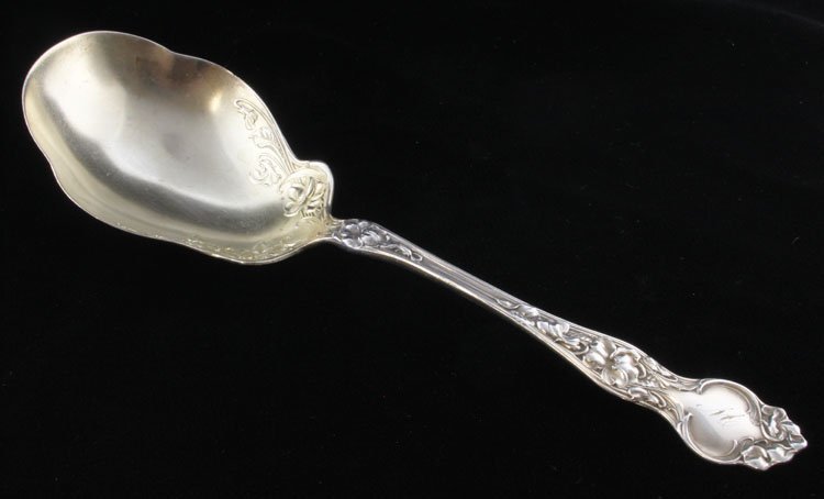 Wallace Silver Eton Serving Spoon: Est. $ 60-90 Wallace Silver Eton Serving Spoon made by R. Wallace & Sons Mfg. Co. of Wallingford, CT and was designed in 1903 bears the marks: (stag) RW&S, STERLING 8 7/8" in length and weighs 2.25 tr