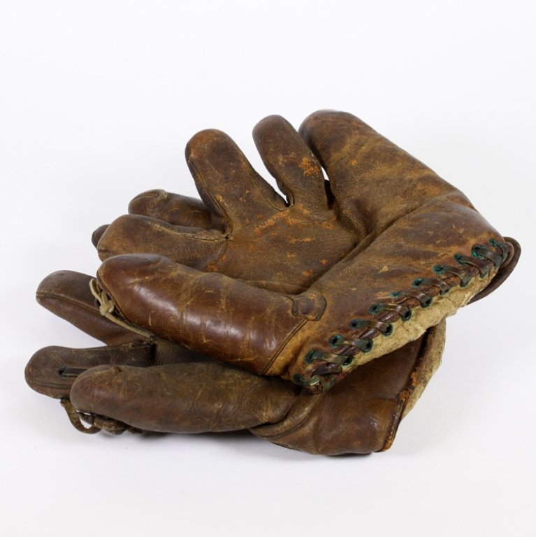Pair of Vintage Baseball Gloves: Est. $ 30-80 This lot includes 2 early 20th century baseball gloves. One labeled Cullen & Boren Co and the other Love and Campbell. Both have wear and loss to inner lining.