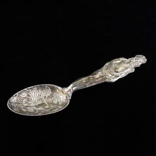 Sterling Watson & Newell Co Spoon: Est $ 30-50 Ouray Colorado, Box Canyon Falls Souvenir Spoon. The handle is an Indian Figurine and the bowl has a relief picture of the fall with Box Canyon Ouray written above it. On the back of the s