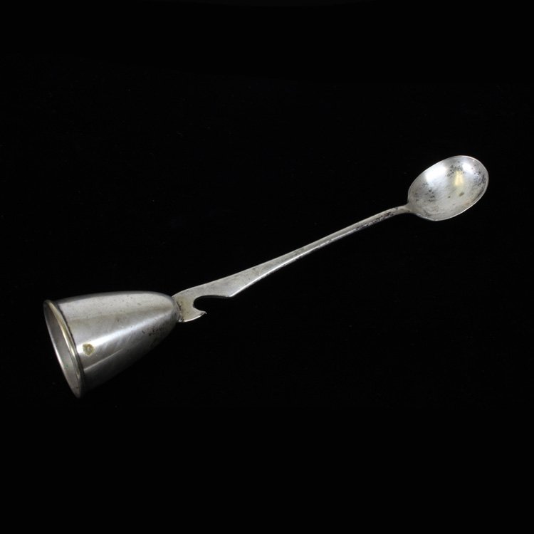 Napier Jigger Three-In-One Cocktail Spoon Bar ware: Est $ 35-70 Silverplated jigger three-in-one bar tool by Napier made into a spoon, jigger, bottle opener, and shot glass measure. This Bar ware measures 9" long x 1 3/4" in diameter at the widest poin