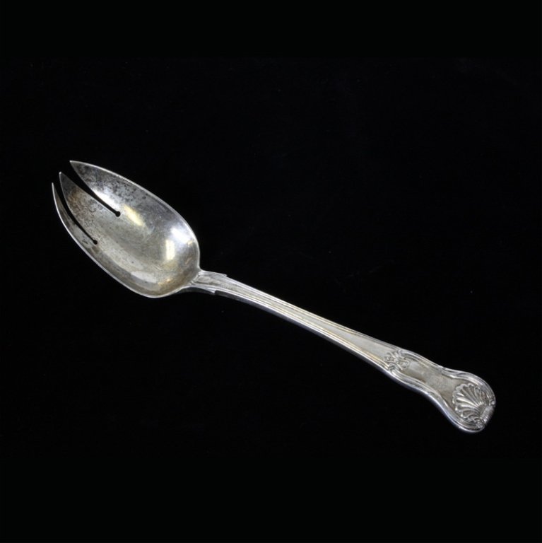 James Scott Large Ice Cream Serving Fork: Est $ 100-200 Large sterling ice cream serving fork marked with the sterling standard mark, city of Dublin mark, reign of George IV duty mark and the IS makers mark for James Scott. The handle bears a
