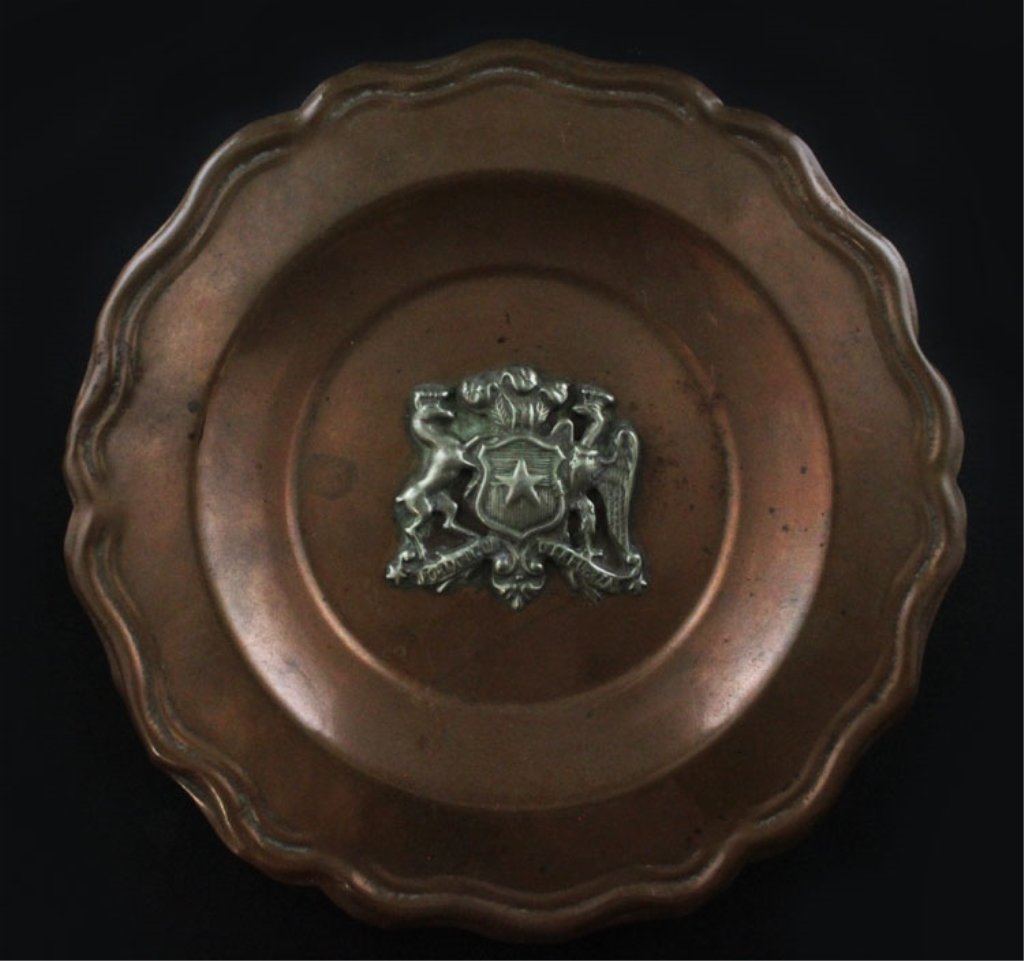 Mixed Metal Plate from Chile: Est. $ 30-50 Mixed Metal Plate from Chile. Marked Chilean Art Hecho Amano Santiago Chile.