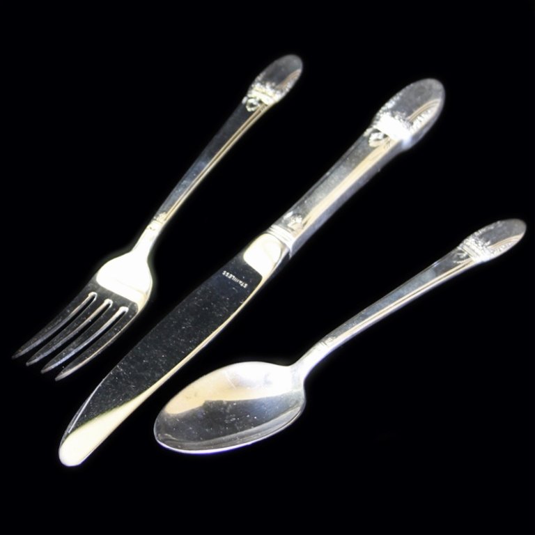 3 Piece Youngster Set: Est. $ 30-45 3 Piece Youngster Set 1847 Rogers Bros Stainless Steel Knife Fork and Spoon Set, Marked First Love 1847 Roger Bros IS set, the knife is 7 1/3" long monogrammed F.