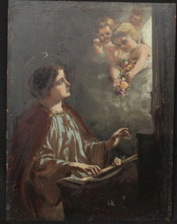Vintage Oil on Board Painting: Oil on Board Painting: Saint Playing the Organ 14" x 10 5/8". The oil onboard painting depicting a saint playing an organ with putto bearing flowers descending from the upper right corner. Est. $150-$