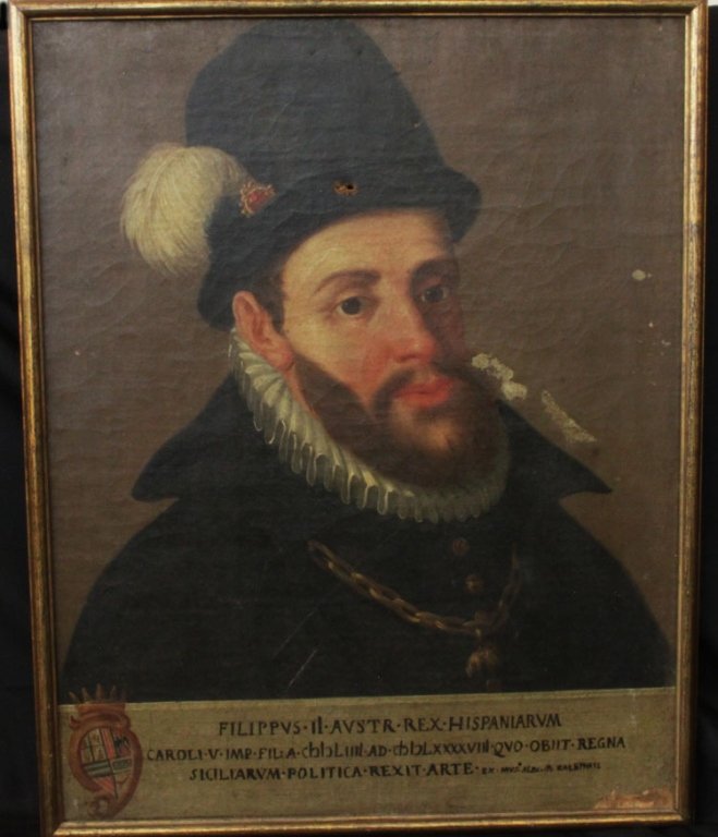 Four Framed Oil on Canvas Portraits of Kings: Group of Four Framed Oil on Canvas Portraits of Kings 26 1/4" x 20 7/8" (overall). The group of four framed late 19th century student produced portraits depicting Frederick III of Aragon, Philip II of