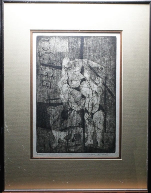 Michael Roberts Framed Etching: Michael Roberts (Wales, 20th c.), Framed Etching on Paper; Kyrie 12 3/8" x 8 7/8". The matted and framed etching titled Kyrie to lower left corner, number at bottom center 4/20 and signed at lower rig