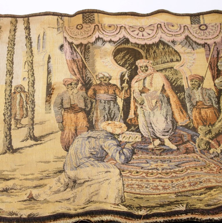 Vintage Middle Eastern Scenic Woven Wall Tapestry: Est $ 100 - 120 Vintage Middle Eastern Scenic Woven Wall Tapestry 2 middle eastern desert scenes, discoloration? Liquid stains