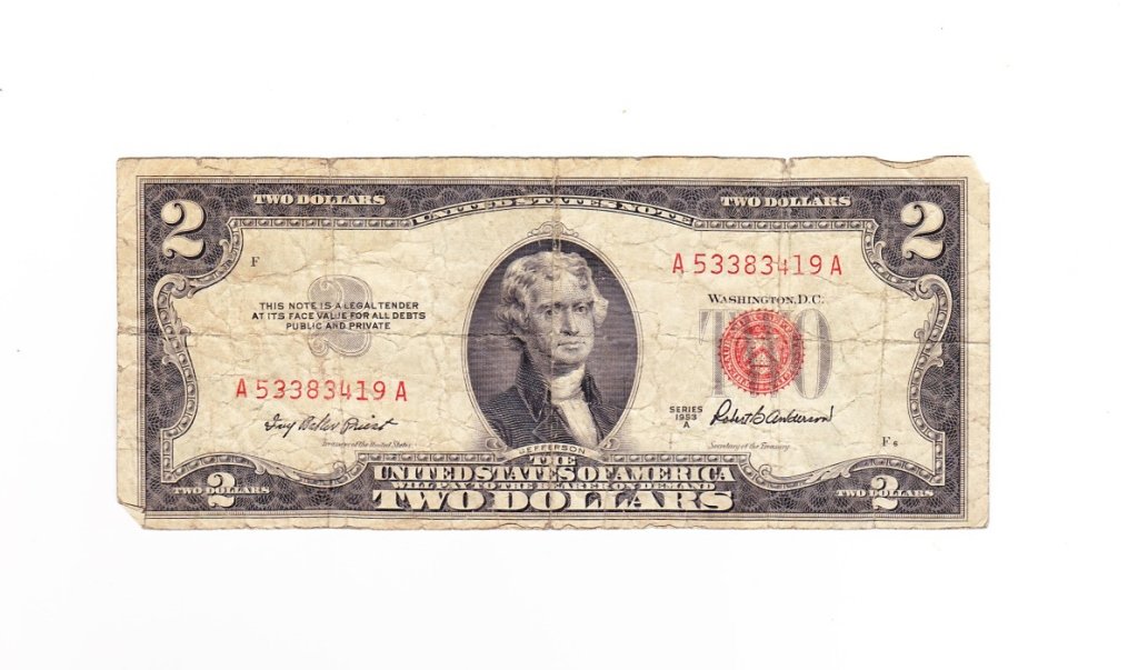 1953 Red Seal Two Dollar Bill: Est. $ 15 - 30 1953 Red Seal Two Dollar Bill. Circulated