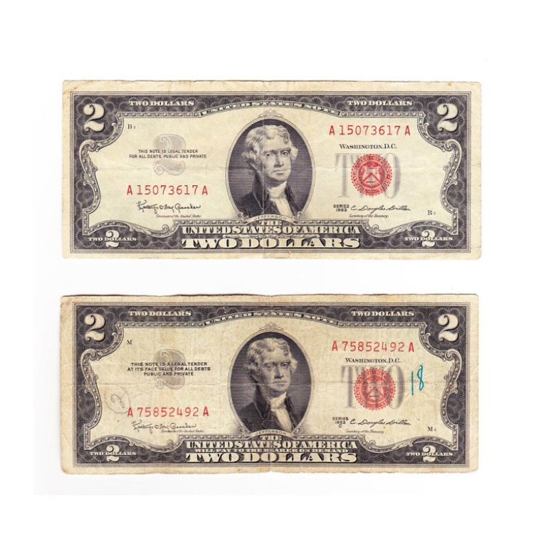 Lot of 2 Red Seal Two Dollar Bills: Est. $ 15 - 30 Lot of 2 Red Seal Two Dollar Bills. Circulated. Series 1963, series 1953 C.