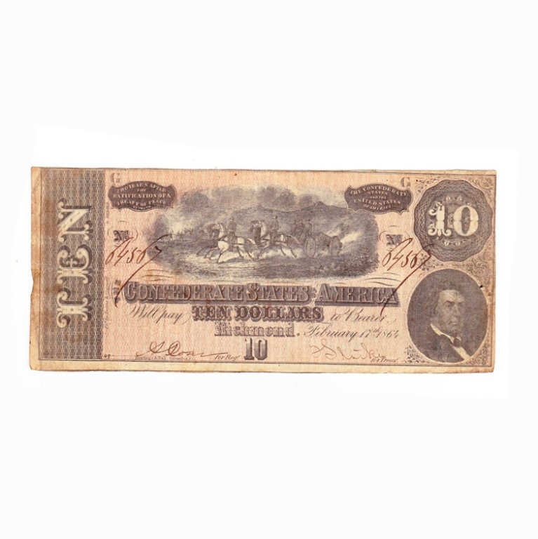 Confederate Ten Dollar Bill: Est. $ 50 - 100 Confederate Ten Dollar Bill. Serial 64567. General discoloration from age.
