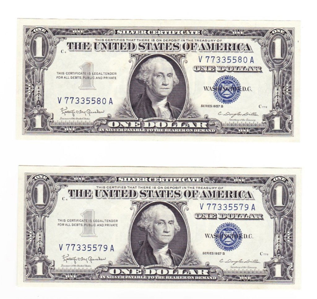 Lot of Two Sequential Blue Seal Dollar Bills: Est. $ 25 - 40 Lot of Two Sequential Blue Seal Dollar Bills. Uncirculated. Very Crisp.