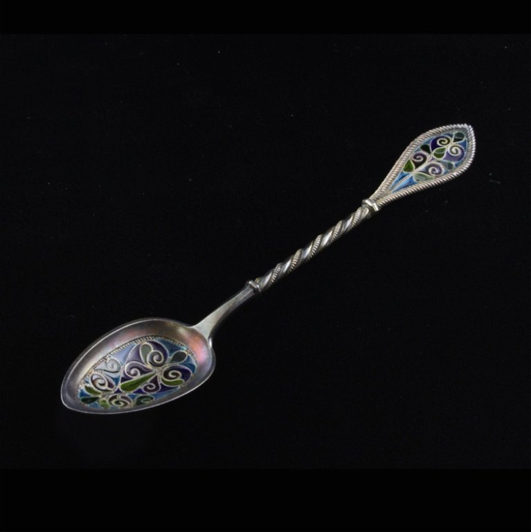 Plique-a-jor David-Andersen Demitasse Spoon: Est $ 60-100 Sterling demitasse spoon with a light gilt exterior ornamented with a multi color plique-a-jor design and a spiral twist handle. The reverse transition of the handle bears the David-Ander